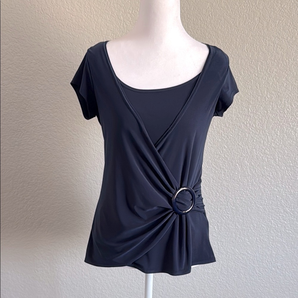 Jason Maxwell Black Wrap Blouse with Short Sleeves - Picture 2 of 7